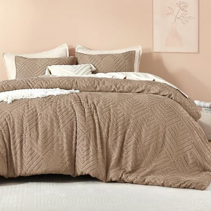 Litanika Full Size Comforter Set, 3 Pieces Taupe Tufted Boho Bedding Set