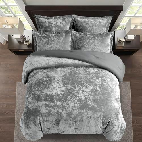 Fredsure Distressed Velvet Comforter Set, 5 Pieces Dark Grey King, Distressed Velvet Face and Brushed Microfiber Reverse
