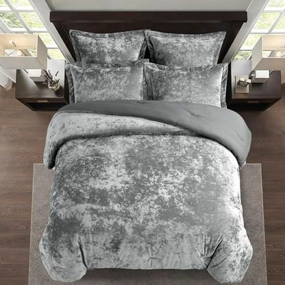 Fredsure Distressed Velvet Comforter Set, 5 Pieces Dark Grey King, Distressed Velvet Face and Brushed Microfiber Reverse