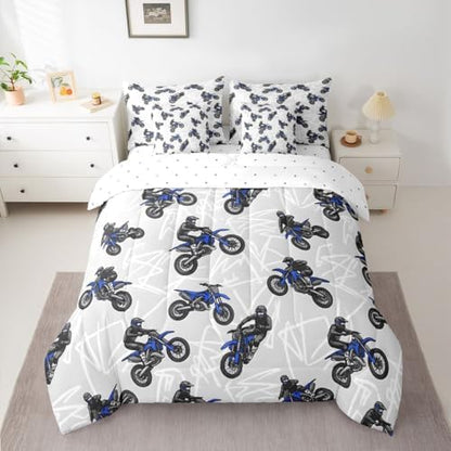 Feelyou Dirt Bike King Comforter Set with Sheets for Boys Girls Graffiti Style Lines 7 Pieces Bedding Set Extreme Sports Bed in a Bag Racing Motocross Rider Room Decor Motorcycle Soft Lightweight
