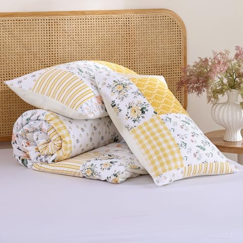 YIKUSH Yellow Floral King Comforter Set, Soft Lightweight All Season Bedding Set for Women Girls, Cozy Cottagecore Botanical Comforter King Size with 2 Pillow Shams, Breathable Floral Bed Set