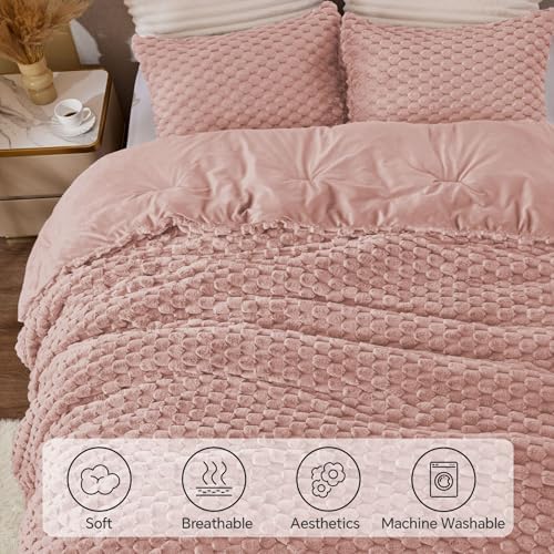 BEDELITE Fluffy Full Size Comforter Set, Dusty Pink Fleece Bed Set 3 Pieces