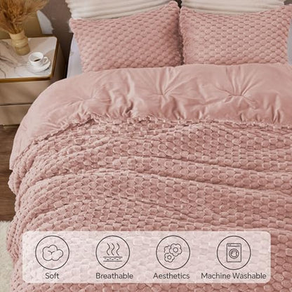 BEDELITE Fluffy Full Size Comforter Set, Dusty Pink Fleece Bed Set 3 Pieces