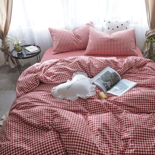 mixinni Red Gingham Comforter Set King, Plaid Comforter Set 3 Pieces 1 Red Grid Comfoter with 2 Pillow Cases for All Seasons, Soft Fluffy Modern Grid Pattern Printed Bedding-King Size