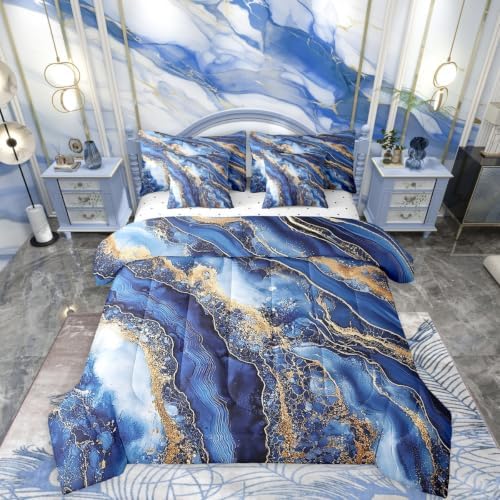 Erosebridal Watercolor Marble Printed Comforter Set Twin Size,Blue Tie Dye Bedding Set for Kids Teens,Retro Artwork (Comforter+Fitted+Flat Sheet+2 Pillowcases+2 Throw Pillow Covers) 7 Pieces Bed Set