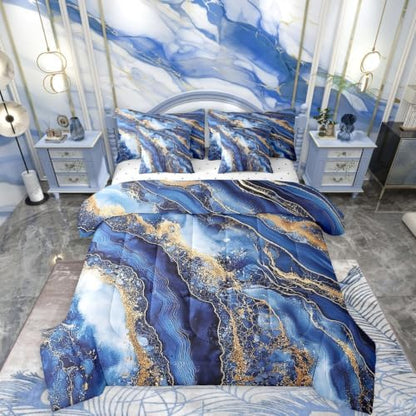 Erosebridal Watercolor Marble Printed Comforter Set Twin Size,Blue Tie Dye Bedding Set for Kids Teens,Retro Artwork (Comforter+Fitted+Flat Sheet+2 Pillowcases+2 Throw Pillow Covers) 7 Pieces Bed Set