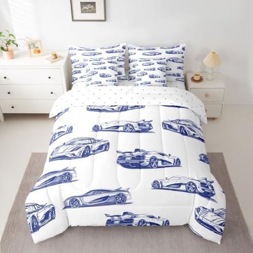 Feelyou Race Car Comforter Set with Sheets 7 Piece Full Size Navy Blue Speed Sports Car Bedding Set for Kids Boys Girls Extreme Sports Bed in a Bag Room Decor Soft Lightweight Microfiber