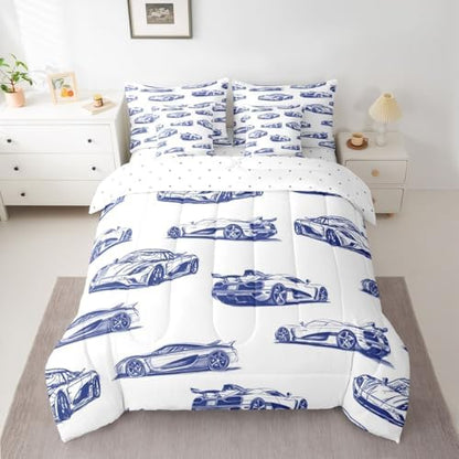 Feelyou Race Car Comforter Set with Sheets 7 Piece Full Size Navy Blue Speed Sports Car Bedding Set for Kids Boys Girls Extreme Sports Bed in a Bag Room Decor Soft Lightweight Microfiber
