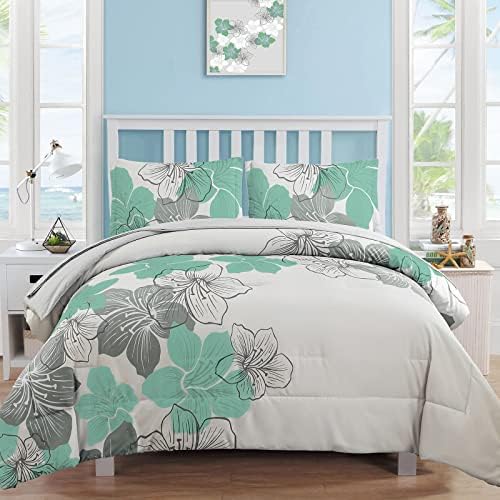 Luxudecor Floral Comforter Set Queen, 7 Pieces Aqua Green Bedding Set