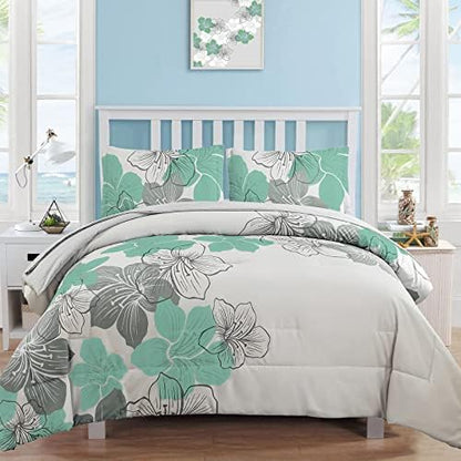 Luxudecor Floral Comforter Set Queen, 7 Pieces Aqua Green Bedding Set
