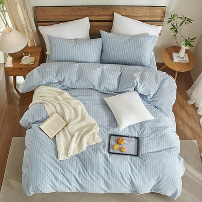 XINMIANFAN Blue Striped Duvet Cover Set King Size 100% Washed Cotton Linen Feel 3 Piece Bedding Set Comfy Breathable