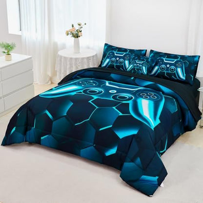 URBONUR 6 Pieces Gamer Comforter Set Full Size for Teen Boys Blue Teal
