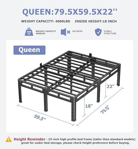 NKZ Queen Size Metal Platform Bed Frame, 22 Inch Dual-Layer Heavy Duty Base