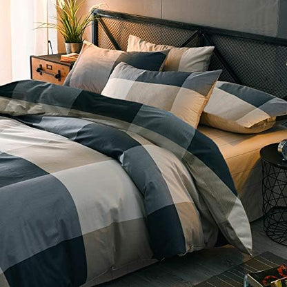 mixinni Twin XL Size Checkered Duvet Cover Set - 3 Piece Grey Geometric Cotton Bedding Set with Zipper Closure & Corner Ties, 100% Washed Cotton Soft Breathable Duvet Cover for Men, Teens (Twin XL)