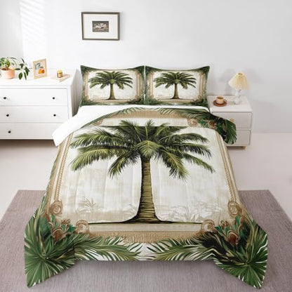Homewish Coconut Tree Bedding Set Full Size,Tropical Plants Comforter Set 3Pcs for Kids Girls Boys Teens Room Decor,Rustic Vintage Brown Quilt Set Coastal Beach Duvet Insert,2 Pillowcases