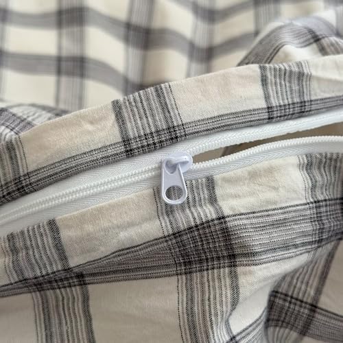 Mucalis Grey Gingham Plaid Duvet Cover King 100% Washed Cotton White Checkered Duvet Cover Set Linen Like Vintage 3 Piece Grid Bedding with Zipper Closure Corner Ties,Durable,Easy Care