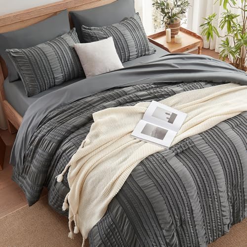 DHSFKBE Dark Grey Tufted Textured Comforter Set Queen Size, 7 Piece Bed in a Bag，Shabby Chic Boho Bedding for Bedroom Comforter，All Season Soft Microfiber Ruffle Comforter Set with Pillow and Sheets