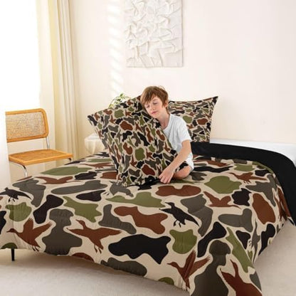 Duck Hunting Comforter Set -Army Camo Comforter Toddler Size Green Brown Camouflage Bedding Set for Kids Girls Boys Bedroom Decor,Rustic Farmhouse Wild Animal Quilt Duvet,2 Pcs with 1 Pillowcase