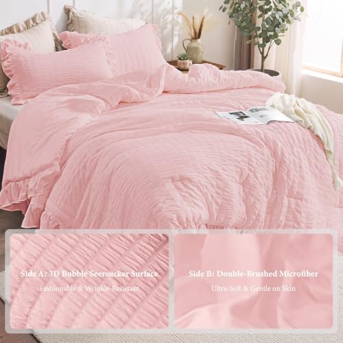 JOLLYVOGUE Pink Comforter Full Size, 3 Pieces Seersucker Lightweight Full Size Bedding, All Season Fluffy Microfiber Bedding Comforter Set with 1 Ruffle Comforter and 2 Ruffle Pillowshams