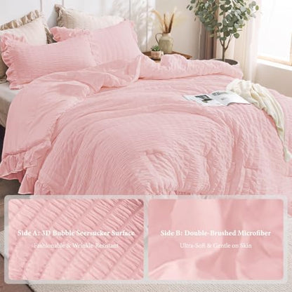 JOLLYVOGUE Pink Comforter Full Size, 3 Pieces Seersucker Lightweight Full Size Bedding, All Season Fluffy Microfiber Bedding Comforter Set with 1 Ruffle Comforter and 2 Ruffle Pillowshams