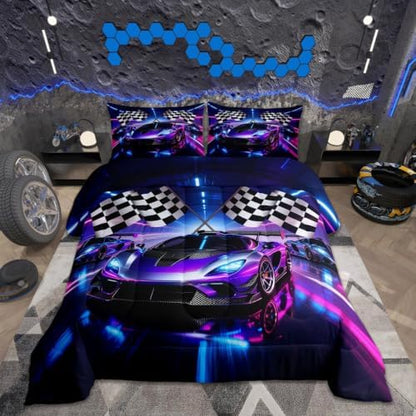 Feelyou Boys Sports Car Comforter Set All Season Racing Car Bedding Set with 1 Pillow Cases Extreme Sports Microfiber Kids Toddler Bedclothes Bedroom Decor Duvet Quilt Breathable Soft Lightweight
