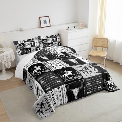 Manfei Western Cowboy Comforter Set Queen Size, Bull Skull Horse Arrow Print Bedding Set 3pcs for Kids Boys Teens Bedroom Decor, Geometric Grid Black Plaid Print Quilt Set with 2 Pillowcases