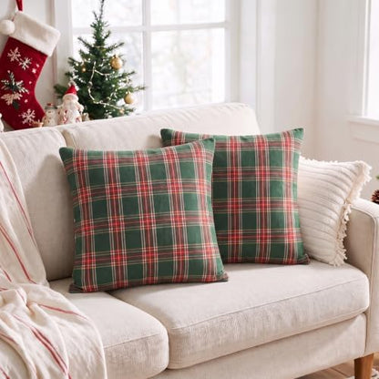 AVOIN colorlife Christmas Green Red Plaid Decorative Throw Pillow Covers, 20 x 20 Inch Holiday Scottish Tartan Cushion Case Farmhouse Decoration for Sofa Couch Set of 2