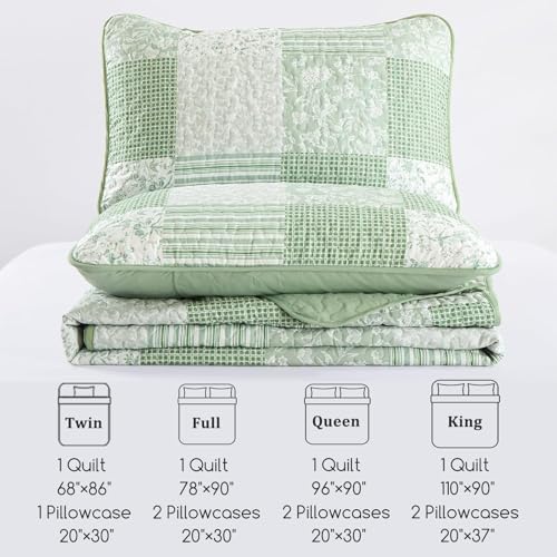 Mybedsoul Boho Quilt Twin Size, Floral Bedspread Dorm Bedding, Light Green