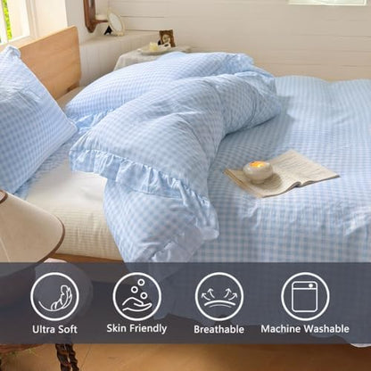 NSNLGSGC Light Blue Gingham Ruffle King Duvet Cover