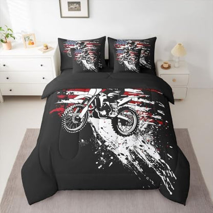 Feelyou Dirt Bike Rider Queen Comforter Set with Sheets for Kids Boys Girls Splatter Print 7 Pieces Bedding Set Off-Road Racing Bed in a Bag Outdoor Sports Room Decor Motocross Art Soft Lightweight