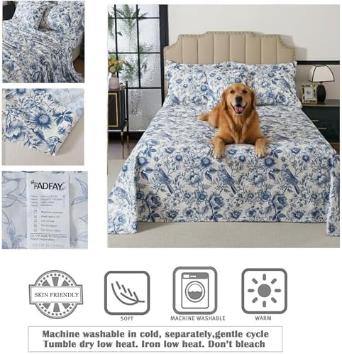 FADFAY Sunflower Bird Sheets Set Twin 100% Egyptian Cotton Blue Toile de Jouy Bedding Vintage Blue and White Floral Farmhouse Bedding Shabby French Country Sheets Deep Pocket Soft Breathable 4Pcs