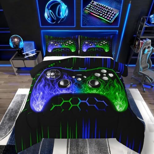Erosebridal Ombre Art Honeycomb Gaming Bedding Set Blue Green Neon Lights Game Console Full Size Gaming Comforter Sets for Boys Geometric Hexagon Beehive Quilt Set Gamer Room Decor for Boys