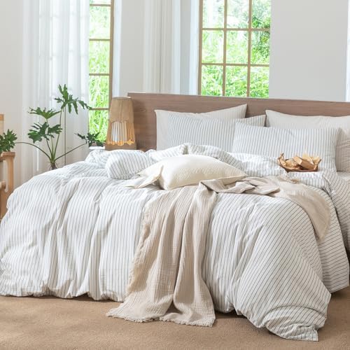 MooMee Striped Duvet Cover Set 100% Washed Cotton Linen Like Full