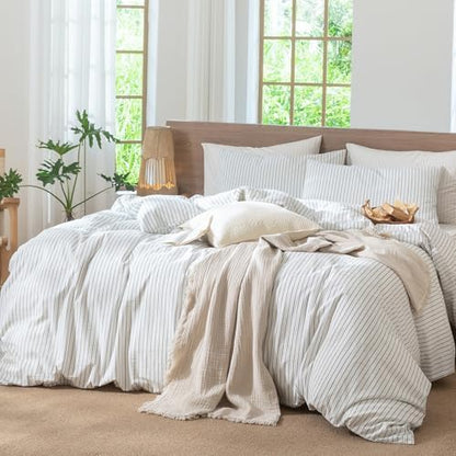 MooMee Striped Duvet Cover Set 100% Washed Cotton Linen Like Queen