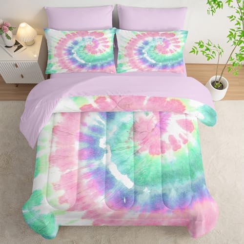 7Pcs Comforter Set Blue Pink Green Spiral Printed Bedding Set with 1 Comforter, 1 Flat Sheet, 1 Fitted Sheet and 4 Pillowcases for Boys and Girls Bedroom All Season(Spiral Full)