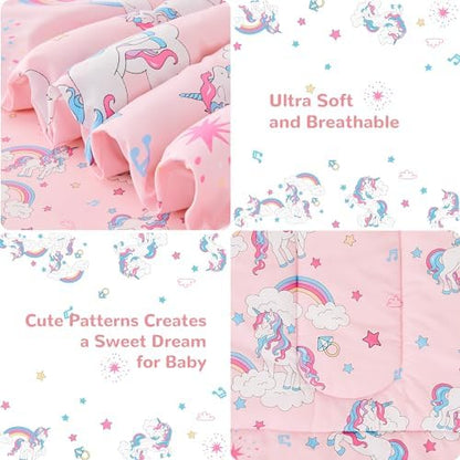 lasoftan Pink Unicorn Toddler Bedding Set for Girls, 4 Piece Bed-in-a-Bag Toddler Comforter Sets, Super Soft and Comfortable Microfiber Todeeler Bed Set