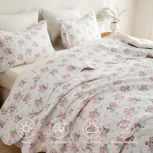 Lady Ann Cotton Floral Quilt Set, Blush Pink Rose Pattern Printed Queen Bedding Set, 3 Pcs Lightweight Scalloped Edge Ultra Soft Bedspread & Coverlet for All Season