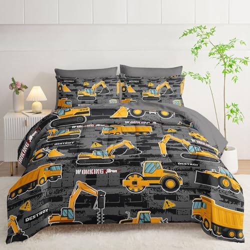 7Pcs Truck Comforter Set Engineering Vehicle Printed Bedding Set with 1 Comforter, 1 Flat Sheet, 1 Fitted Sheet and 4 Pillowcases for Boys and Girls Bedroom All Season(Twin)