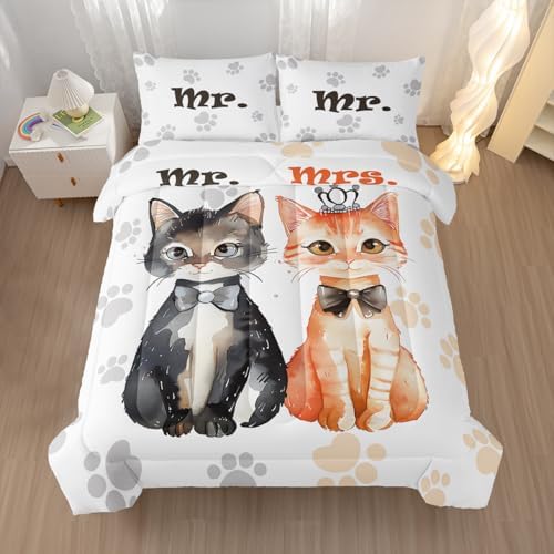 Nttopship Lovers Cat Comforter Bedding Set with 2 Pillowcase Twin Size Cartoon Cat Comforter Set for Kids Boys Girls Bedroom Decor