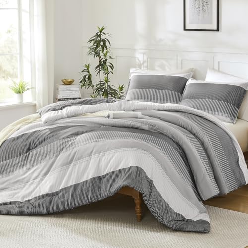Litanika Dark Grey Super King Plus Comforter Set - 3 Pieces Stripe Bed Set
