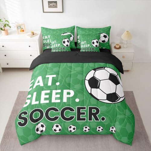 Erosebridal Soccer Gaming Green Full Comforter Set 7 Pieces | Playground Boys Bed in A Bag for Bedroom Ball Games Theme Bedding Set with Comforters Football Sports Room Decor