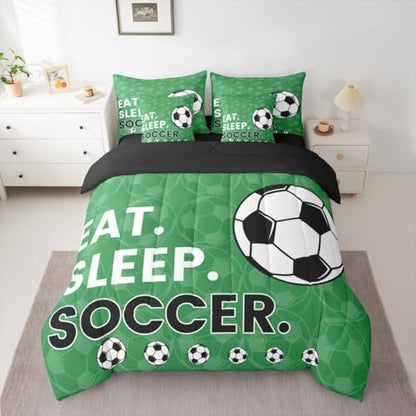 Erosebridal Soccer Gaming Green Full Comforter Set 7 Pieces | Playground Boys Bed in A Bag for Bedroom Ball Games Theme Bedding Set with Comforters Football Sports Room Decor