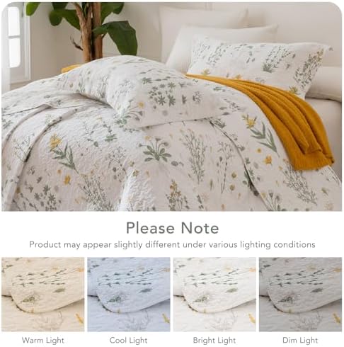 Lady Ann Cotton Quilt Sets Queen - Yellow Floral & Green Leaves Pattern Botanical Printed Quilted Coverlet, 3 Pcs Lightweight Soft Cottagecore Queen Bedspread Set Shabby and Chic Bedding
