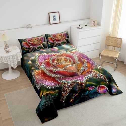 jejeloiu Glitter Rose Comforter Set Full Size Kids Rose Floral Flower Bedding Set for Boys Girls Teens Garden Flower Duvet Breathable Romantic Quilt Bedroom Decor,1 Comforter with 2 Pillowcase