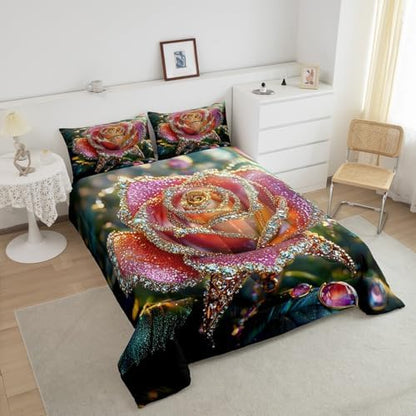 jejeloiu Glitter Rose Comforter Set Full Size Kids Rose Floral Flower Bedding Set for Boys Girls Teens Garden Flower Duvet Breathable Romantic Quilt Bedroom Decor,1 Comforter with 2 Pillowcase