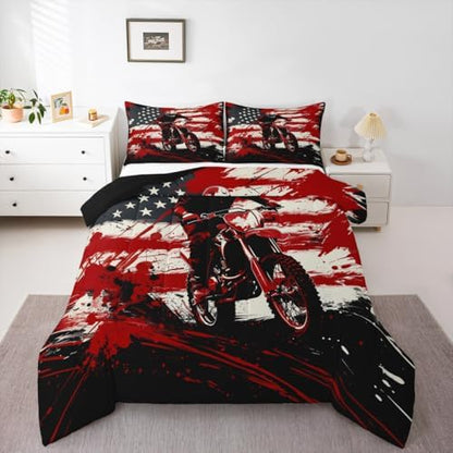 Feelyou Motocross Bedding Set Soft for Boys Girls,American Flag Pattern Comforter Set Twin Dirt Bike Duvet Quilt Red Splatter Elements Bedroom Decor Motorbike 2 Pcs with 1 Pillow Cases