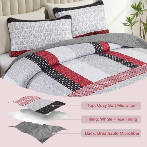 WONGS BEDDING Boho King Size Quilt Set, Black Red Striped Bedspread