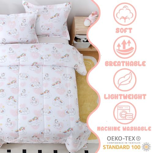Yibeizi Kids Unicorn Twin Bed Comforter Set Pink Heart Bedding