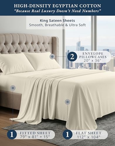 LANE LINEN King Size 100% Egyptian Cotton Sheets Sateen - Ivory Swiss Dot