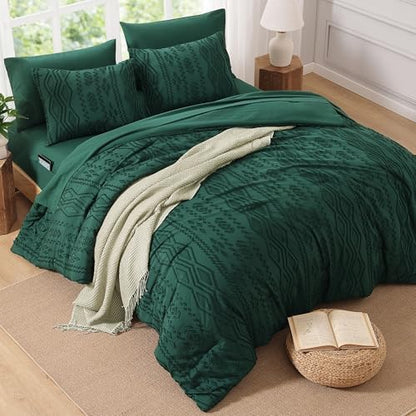 King Size Comforter Set Emerald Green Tufted Boho Bedding Sets 7 Pieces